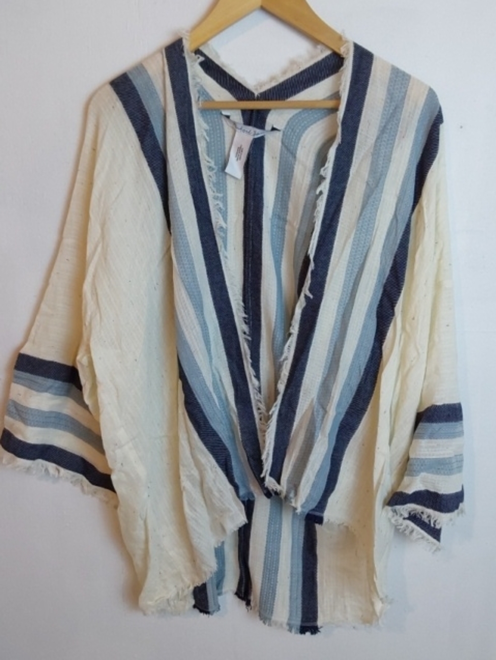 Michael Stars|Light Cream & Blue Striped Open Front Womens Cover Up Boho Large